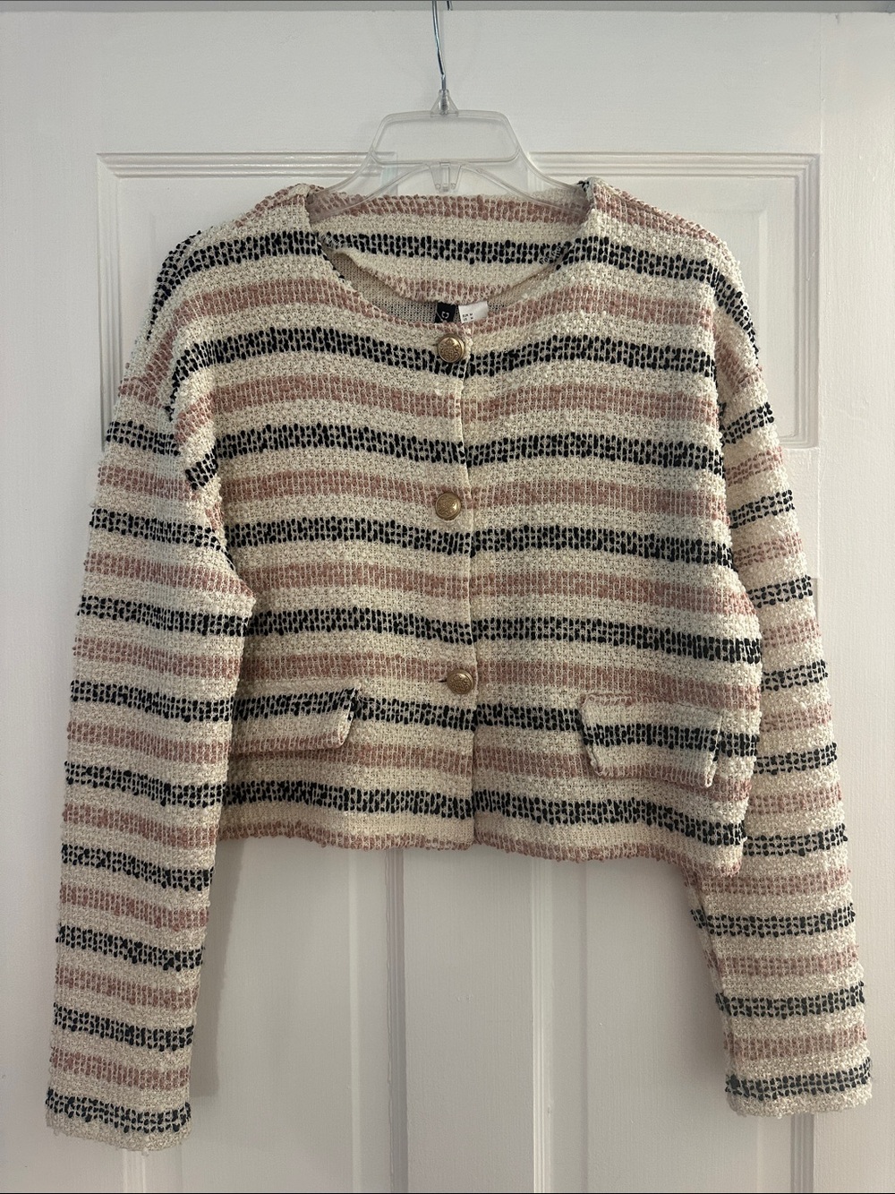 Divided Striped Cropped Sweater Jacket - Pink, Black, Cream